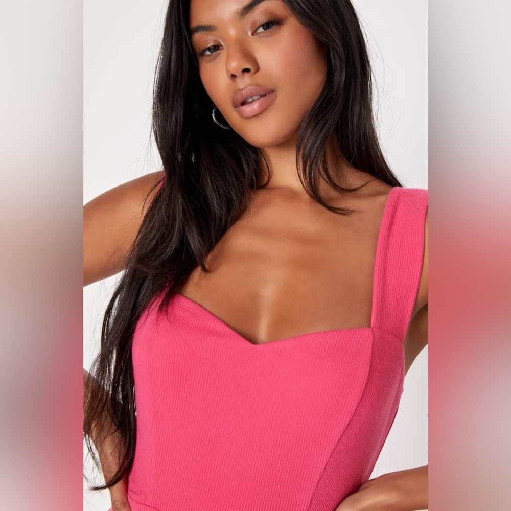 Lulus Hot Pink Ribbed Knit Wide-Leg Jumpsuit - Picture 3 of 4